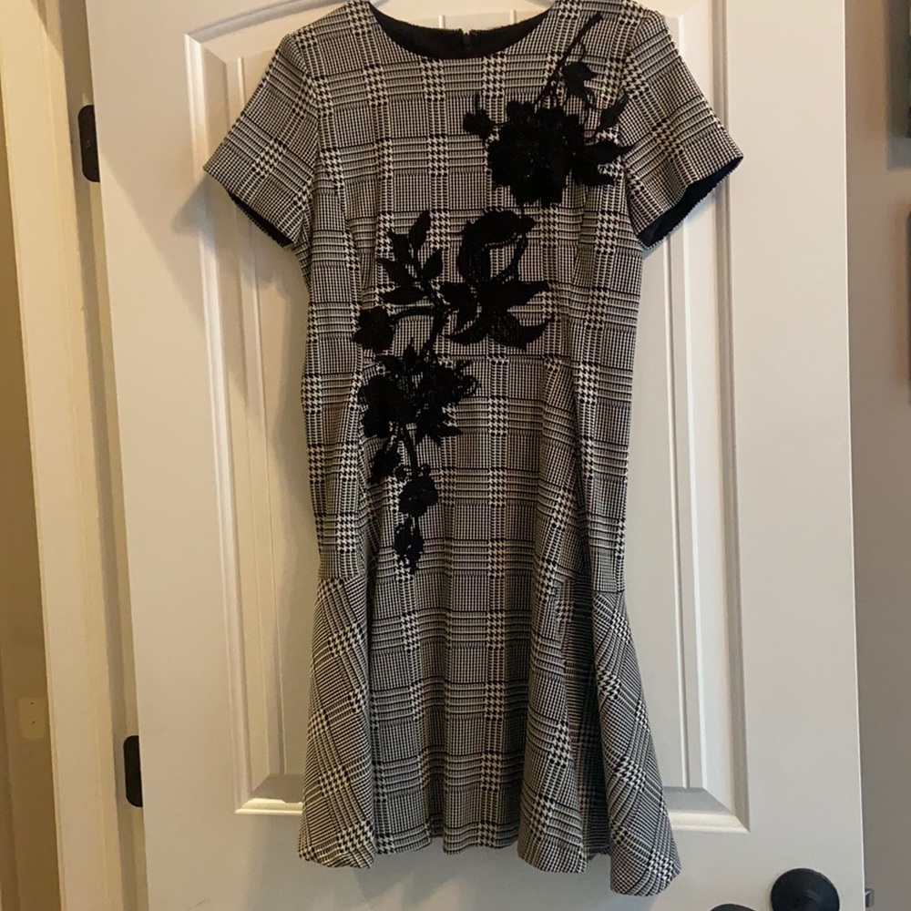 Short black and white patterned dress with black floral, Betsy Johnson